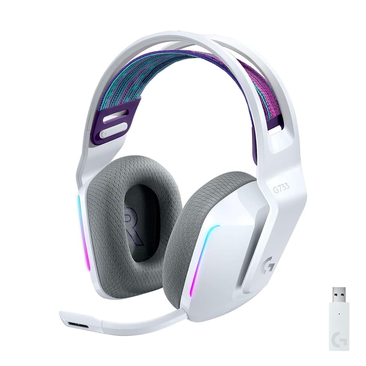 Logitech G733 Lightspeed Wireless Gaming Headset with Suspension Headband, LIGHTSYNC RGB, Blue VO!CE mic Technology and PRO-G Audio Drivers - White